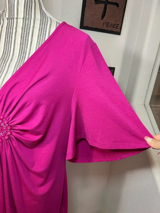 ECI Fushsia Beaded patchwork short sleeve tunic, V-neck blouse plus size XXL - Picture 9 of 11